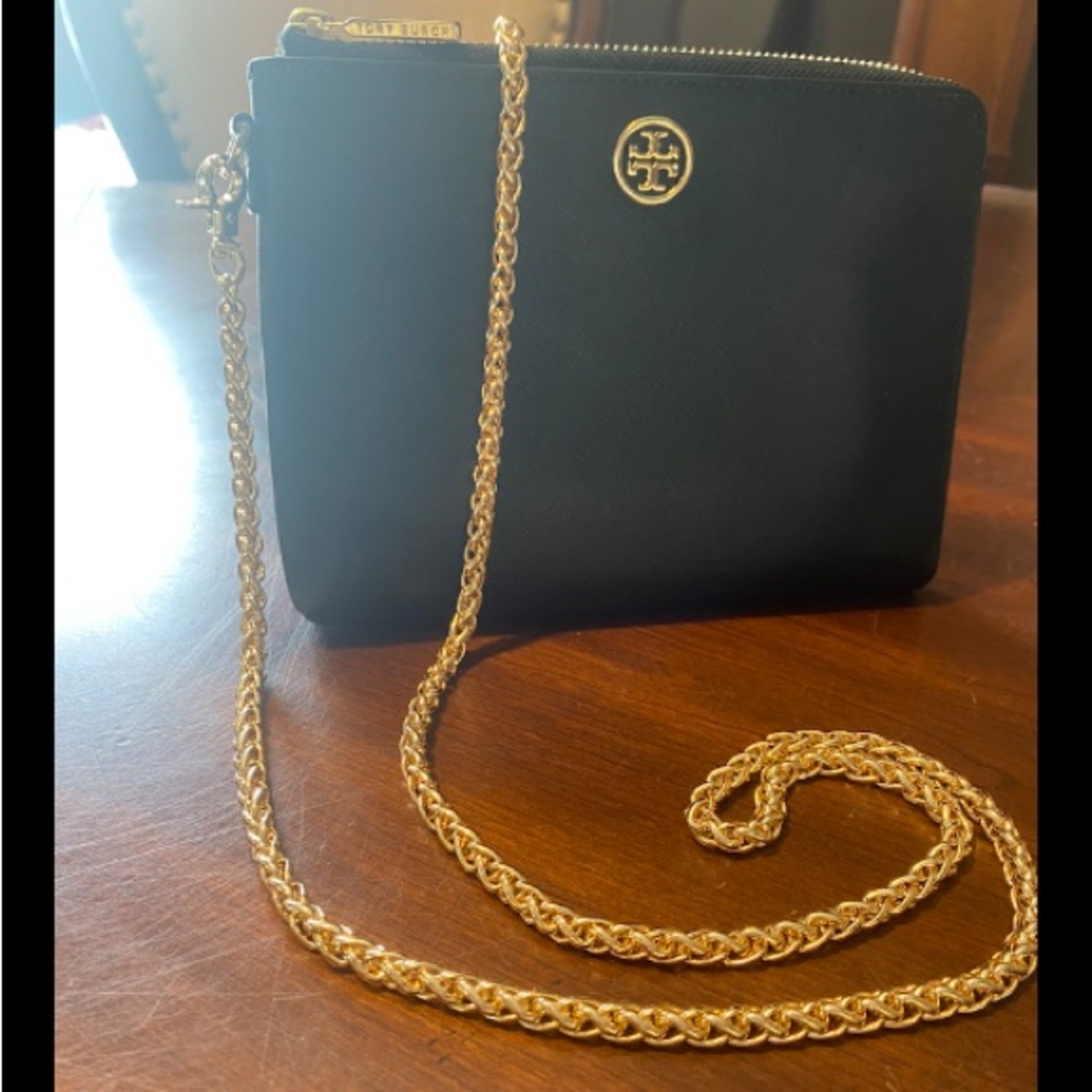 Tory Burch Black Saffiano Crossbody with Gold Chain